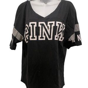 VICTORIA’S SECRET PINK Womens Black Varsity Short Sleeve TShirt Oversized Small